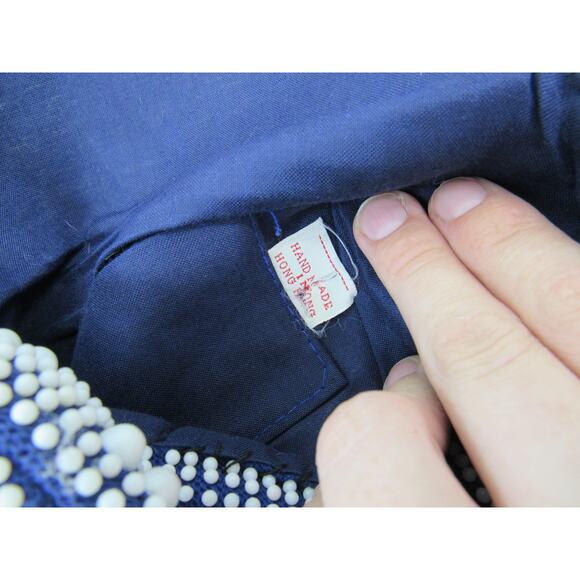 Vintage Navy & White Beaded Geometric Pattern Purse Hand Made Hong Kong 1960s - Picture 5 of 6